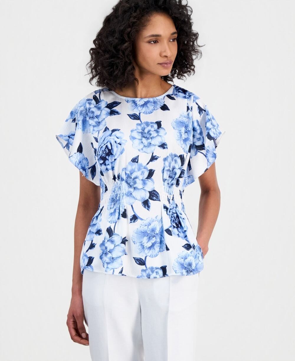 Anne Klein Women's Flutter-Sleeve Smocked-Waist Floral Top Size L 3809